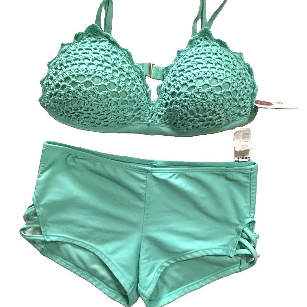 So (Sonoma) Fairy Blue Crochet Triangle Push up Swim Top w/btms